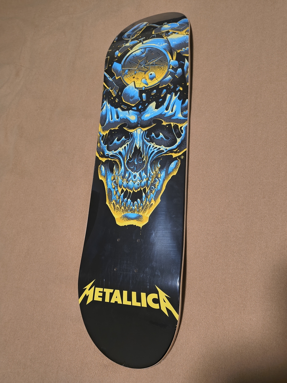Metallica Skull Graphic Skateboard Deck - Black/Blue/Yellow